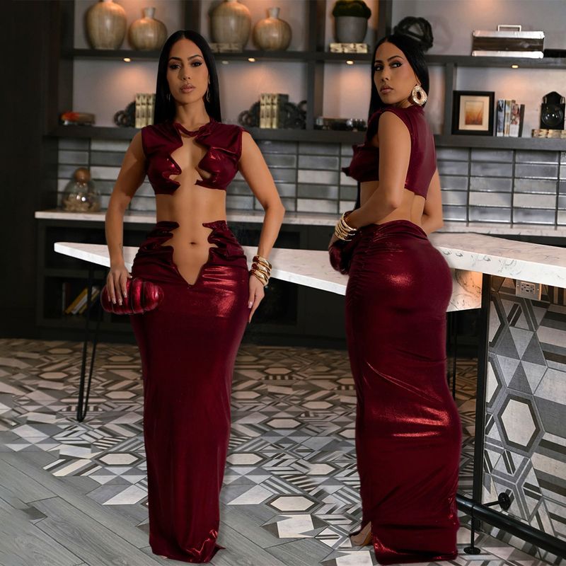 Sexy ärmelloses Crop-Top mit Maxirock-Set – elegantes monochromes zweiteiliges Outfit für Damen_voghion.com