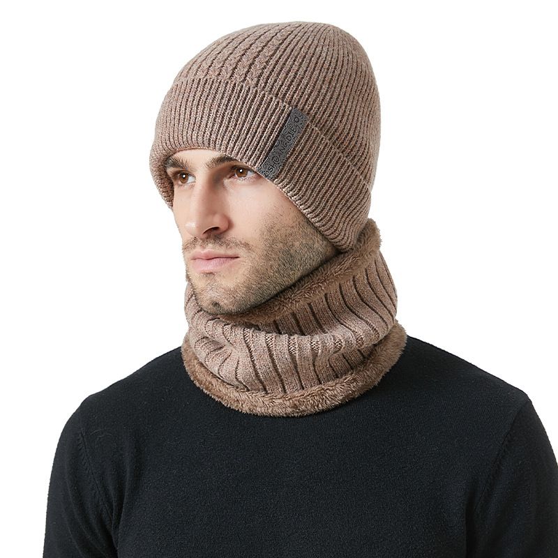 Autumn Winter New Men's Thickened And Scarf Outdoor Fleece-Lined Warm Ear Protection Knitted Hat Two-Piece Set_voghion.com