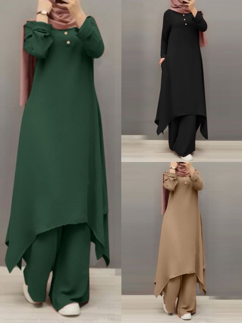 Women's Clothing Muslim Simple Casual Solid Color Round Neck Decorative Wooden Button Long Sleeved Pants Suit In Stock_voghion.com