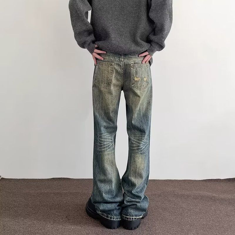 Herenkleding high street vibe retro washed distressed jeans heren rechte uitlopende slim cleanfit broek_voghion.com