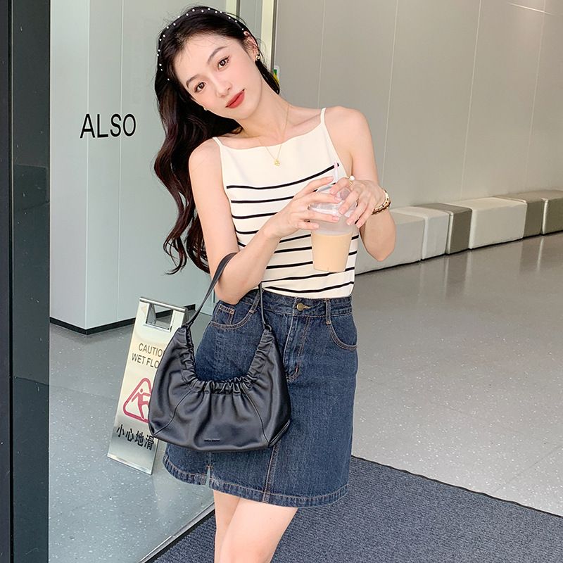 Canotta da donna in maglia a righe, con spalle scoperte, semplice, estiva, di alta qualità e fresca sensazione_voghion.com