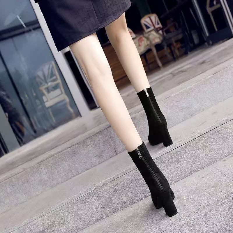 2025 Autumn Winter New Thick Pointed Toe Suede Short Women High Heel Stretch Slim Fashion Boots_voghion.com