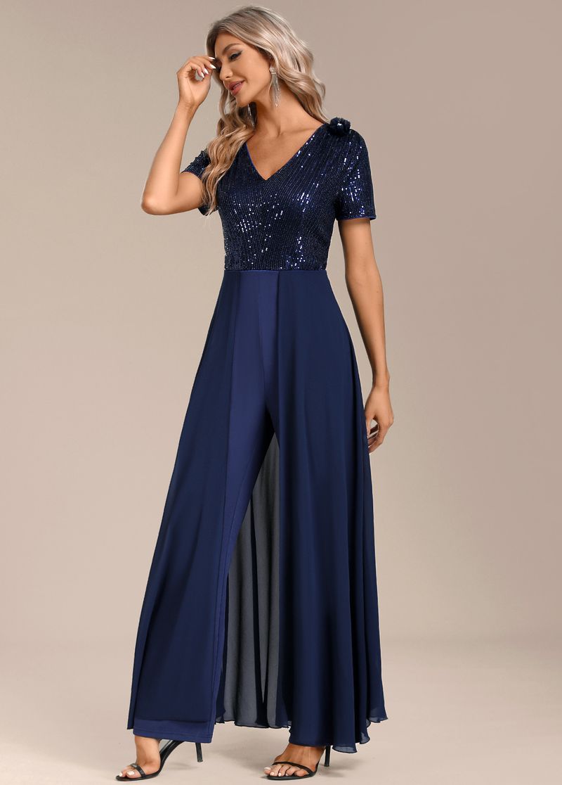 Tuta da donna in chiffon con paillettes e cuciture, colore puro e temperamento_voghion.com