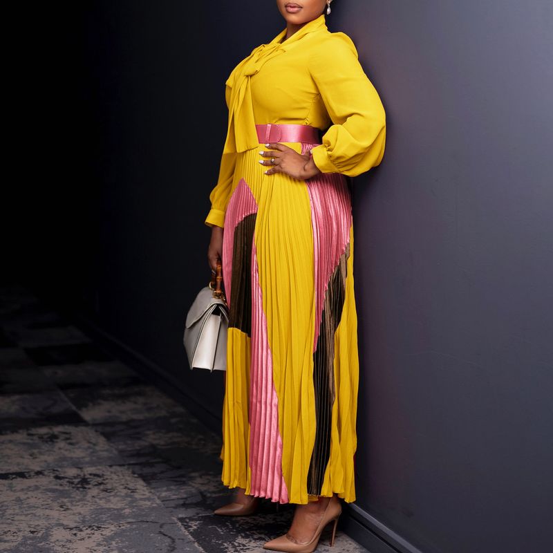 Großes Damenkleid im Herbst 2024, Neuheit mit Schnürung, Plissee, langen Ärmeln, Farbblock, elegantes Kleid mit Temperament_voghion.com