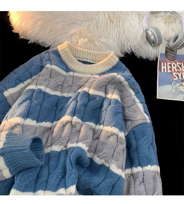 Gestreepte gebreide herentrui – dikke trui met ronde hals van katoenmix (bruin/blauw/zwart, M-XXXL)_voghion.com