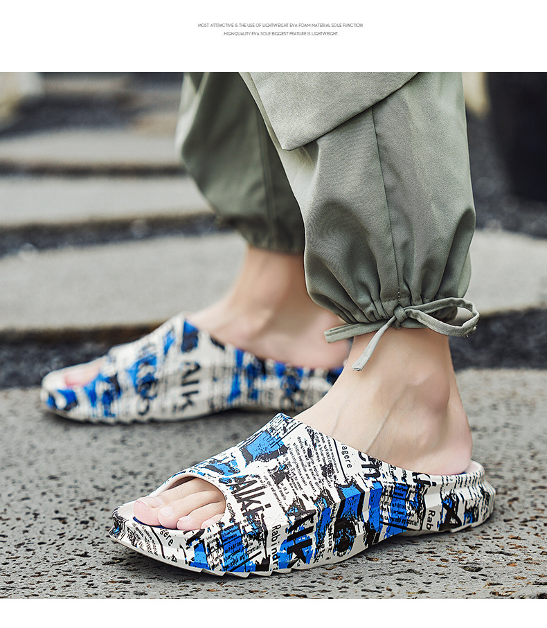 Bokstavstryck mode ord tofflor utomhus casual sandaler trampa på avföring känns tvåfärgad mjuk tjock botten herrskor sommar halkfria_voghion.com
