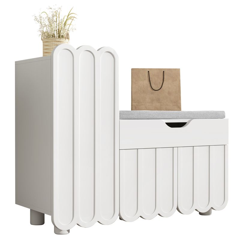 Meuble à chaussures moderne à 3 portes avec tiroir et coussin d'assise – Banc de rangement à chaussures blanc pour couloir, gain de place – Élégant meuble à chaussures d'entrée_voghion.com