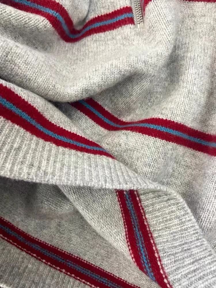 Wolle Koreanischen Stil Gestreiften Half-Zip Polo Kragen Pullover Für Frauen 2024 Neue Lose Faul Gestrickte Top_voghion.com