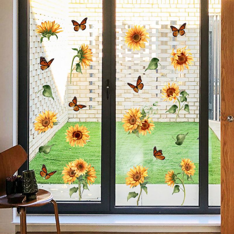 Pegatinas de pared de PVC mate con diseño de mariposa y girasol de verano N1901 para decoración de ventanas de sala de estar y dormitorio_voghion.com