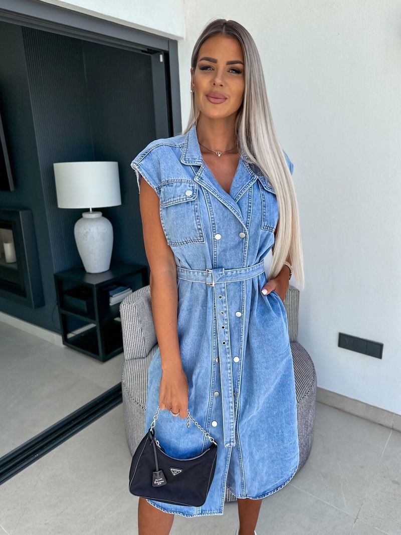 Abito in denim con lacci e vita aperta sul petto, senza maniche, con risvolto casual da donna _voghion.com