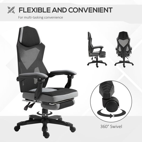 Vinsetto Ergonomic Mesh Office Chair, High Back, Grey, Adjustable Recliner With Footrest And Wheels_voghion.com