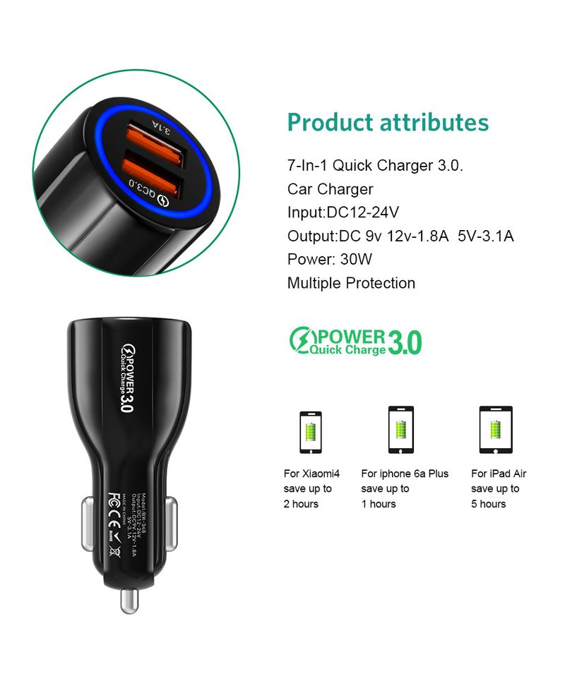 Mūzikas festivāls 6A divkāršais USB QC3.0 ātrais tālruņa lādētājs vienai līdz divām automašīnas uzlādēm_voghion.com