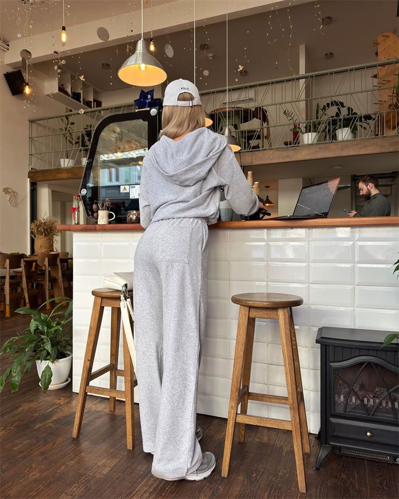 Women's Casual Hoodie & Drawstring Pants Set - Long Sleeve Zip-Up Sweatshirt & Joggers (Pink, Grey, Black, Yellow, Sky Blue, Brown, S/M/L/XL)_voghion.com