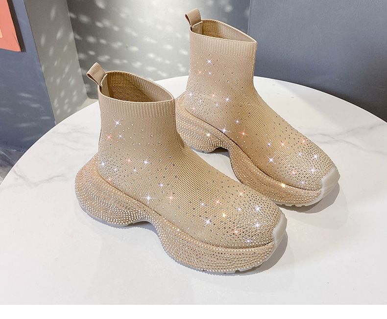 Gestrickte Sockenstiefel für Damen mit Strasssteinen, Slip-On-Sneakers mit dicker Sohle, atmungsaktive, elastische High-Top-Booties für Sommer, Frühling und Herbst_voghion.com