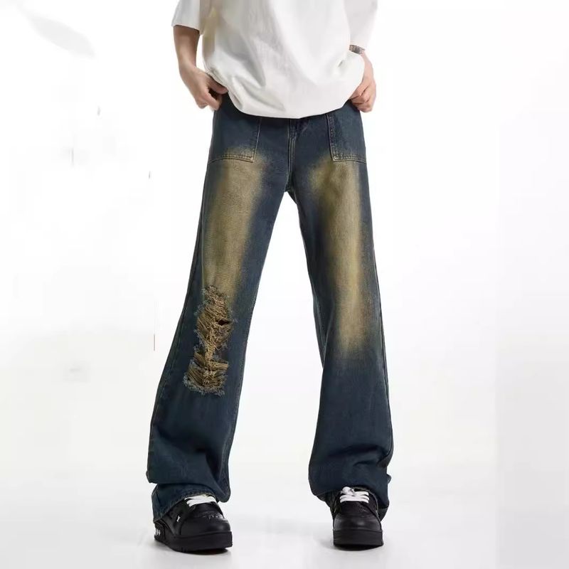American retro drape denim jeans, men's hip-hop loose edge floor mop pants, street hip-hop design sense_voghion.com