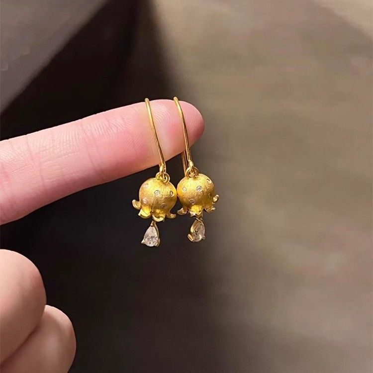 High-Value Chinese Style Golden Lily Of The Valley Water Drop Pendant Niche Design Small Lantern Zircon Earrings_voghion.com
