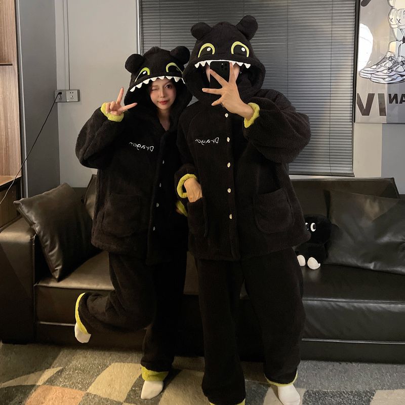 Toothless Couple Little Monster Long Winter Pajamas Cute Cartoon Plus Plush Thick Home Clothes Women's Set_voghion.com