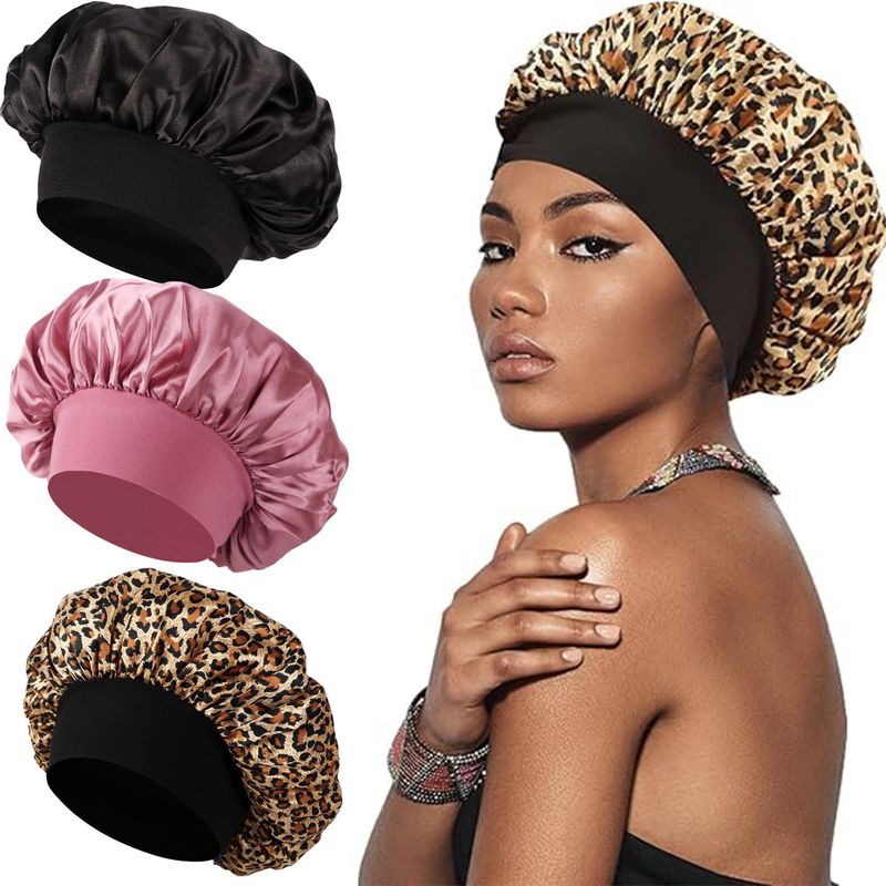 Herbst und Winter Leopardenmuster Schlafmütze Breitkrempe Satin Hut Haarpflegemütze Waschmütze Duschhaube Haarhaube_voghion.com