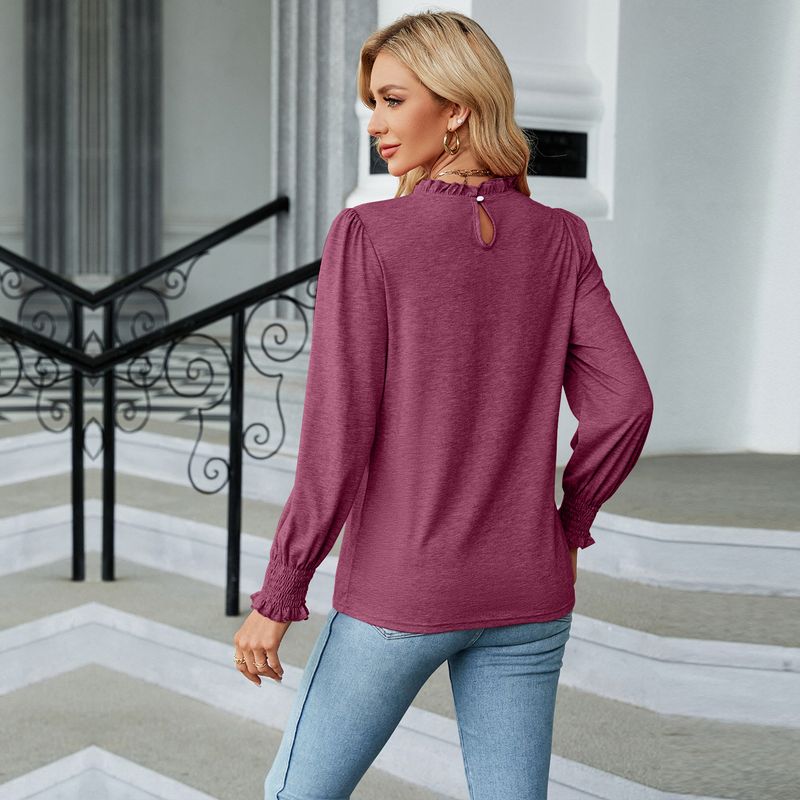 2025 Autunno/Inverno Nuovo Solido Colletto in Pizzo Manica Lunga T-shirt Ampia per le Donne_voghion.com