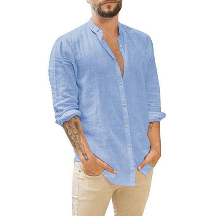 Cardigan in lino da uomo, tinta unita, casual, con colletto alto, a maniche lunghe_voghion.com