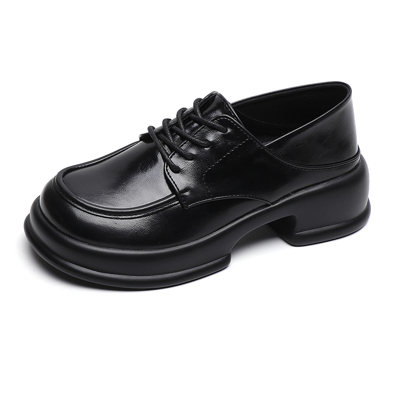 Platform Loafers Women's Lace-up Single Shoes Thick Heel Retro British Style Small Leather Shoes Women_voghion.com