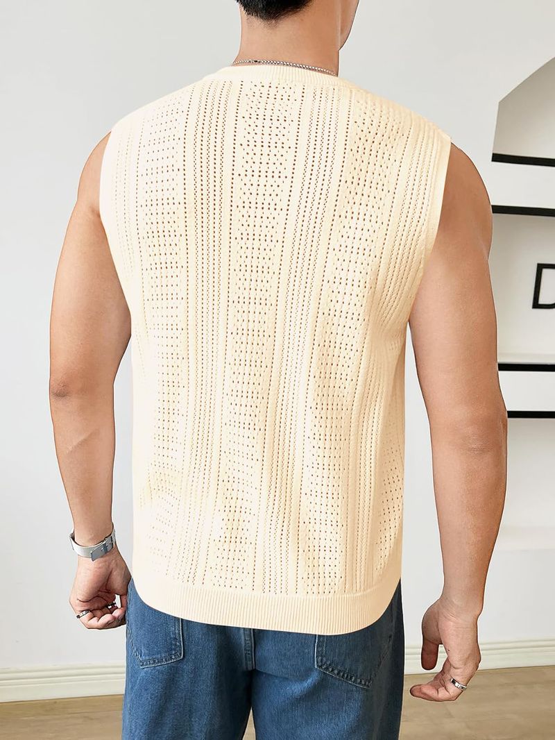 Herrenbekleidung Sommer Herren Neue einfarbige hohle atmungsaktive Rundhals-Freizeitweste Pullover Herren ärmellose Oberteile Herrenbekleidung_voghion.com