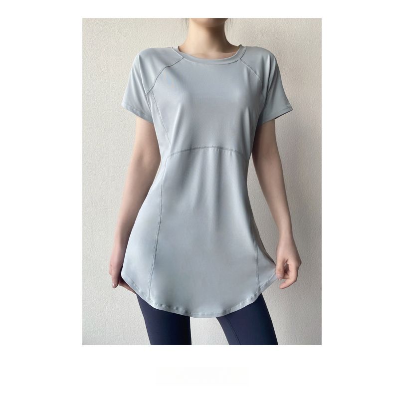 Camiseta de ioga de manga curta para o verão, nova camiseta esportiva fitness respirável de secagem rápida com cobertura de quadril de comprimento médio para emagrecimento_voghion.com