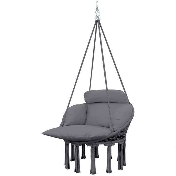 Hammock Swing Chair, Macrame Hanging Chair With Large Cushion, Chain, Steel Frame For Indoor Outdoor Use, Dark Gray_voghion.com