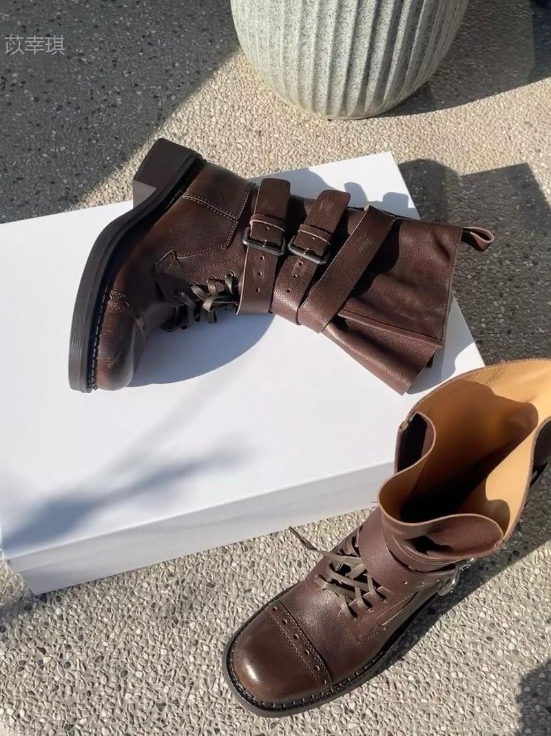 Zees Cowhide Retro British Style Martin For Women New Thick Heel Belt Buckle Short Slimming Motorcycle Versatile Single Boots_voghion.com