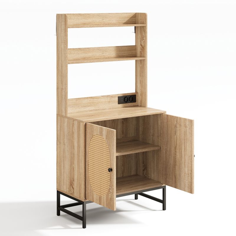 Moderner Buffet-Schrank Mit Eichenholzdekor,Rattan-Doppeltür Mit Stauraum,Mit USB&220V Steckdose,Offene Ablagen,Kippschutz,Für Küche&Wohnzimmer_voghion.com