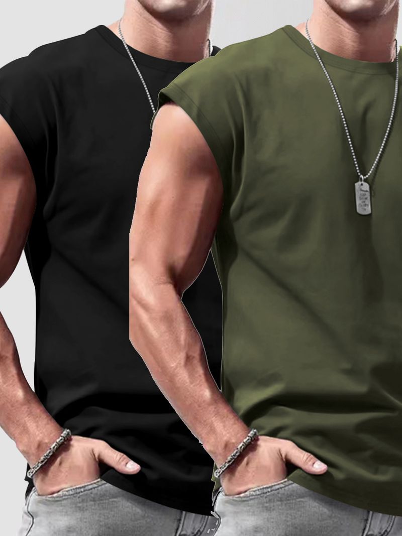 Men's Summer New Sleeveless Vest Two-Piece Set Casual Loose Solid Color Thin Tank Top_voghion.com