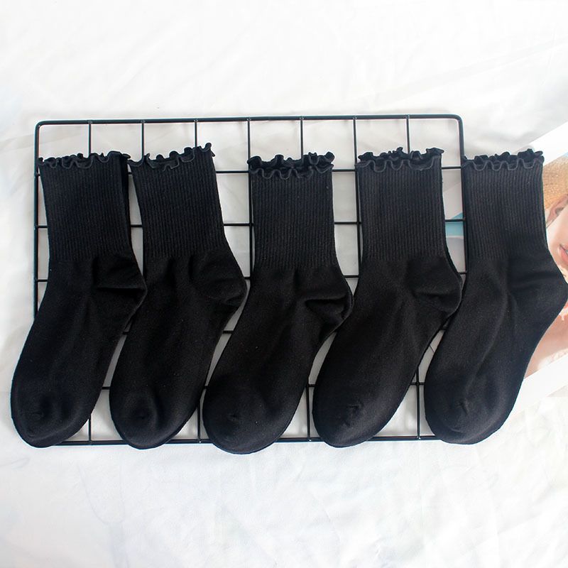 Calzini da donna Calzini alla caviglia plissettati da donna Calzini autunnali invernali in cotone con pizzo alle orecchie in legno Calzini a tubo medio da donna in tinta unita_voghion.com