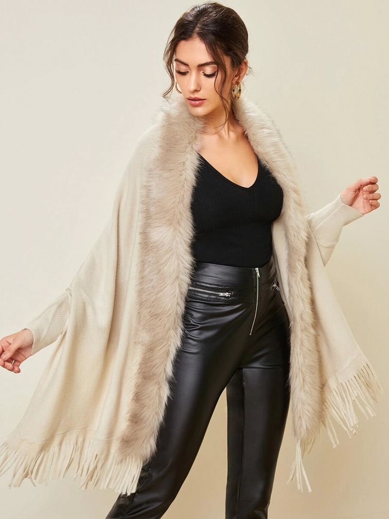 Damen Herbst und Winter Pelzkragen Schal Strickjacke Pullover Jacke_voghion.com