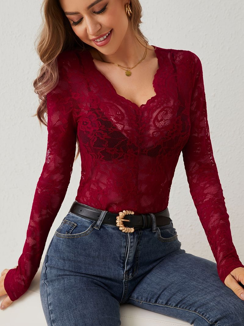 Damenbekleidung Neue sexy einlagige Bluse mit floraler Spitze in Fächerform mit dekorativer Bodenbildung für Damen_voghion.com