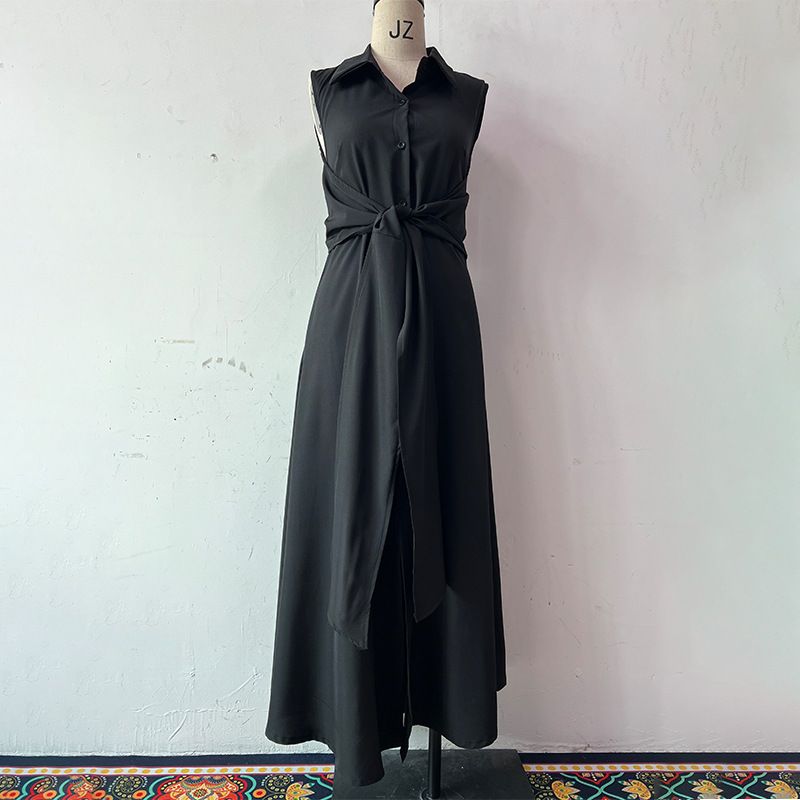 Abito estivo da donna, due pezzi, con gonna lunga, scollo a V, senza maniche, tinta unita, in vita_voghion.com