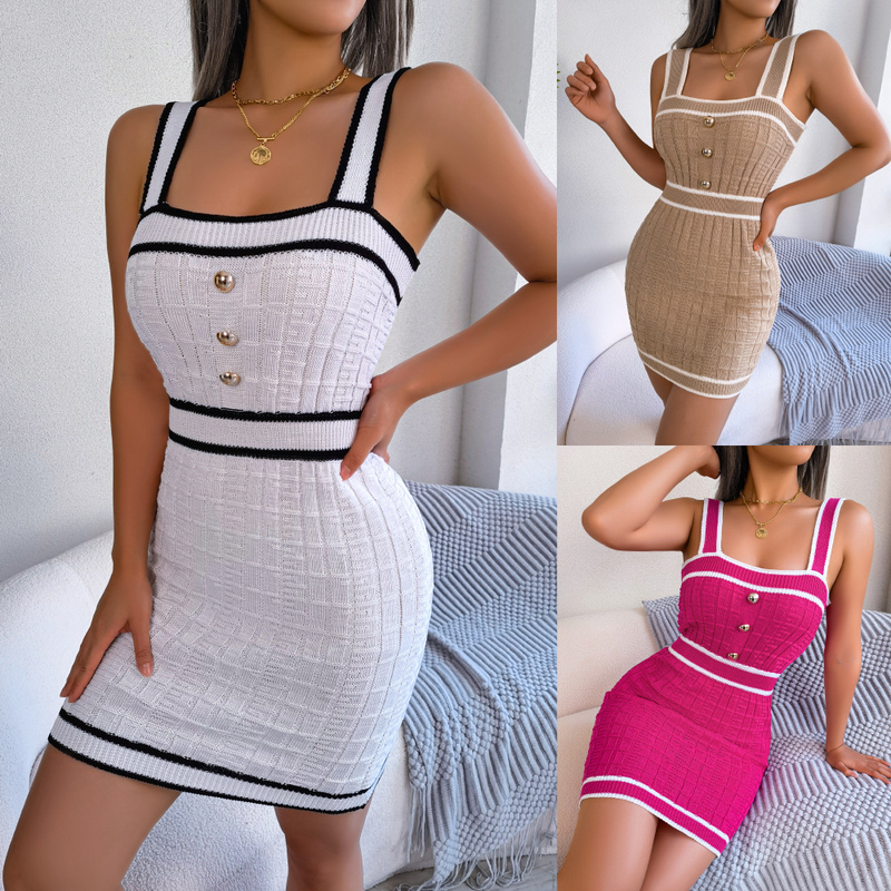 Spring/Summer Casual Square Neck Button Collar Colored Waist Knitted Wrapped Hip Skirt for Women_voghion.com