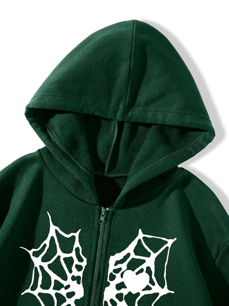 Unisex Spider Web Heart Print Fleece Zip-Up Hoodie – Cozy & Stylish Pullover For Fall/Winter_voghion.com