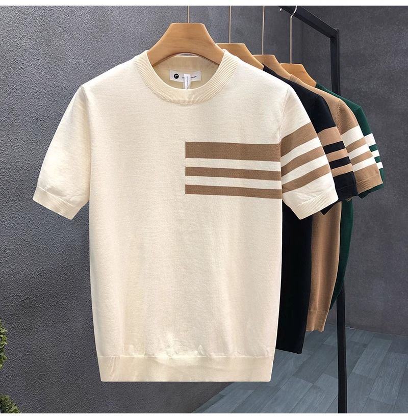 Maglione estivo a maniche corte da uomo, a righe, semplice, leggero, maturo, slim, in seta ghiacciata, nuovo di zecca_voghion.com