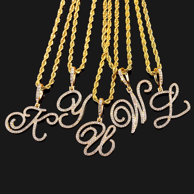 Gran oferta de colgante con inicial cursiva de cristal brillante y circonita para mujeres y hombres, collar de cadena cubana de acero inoxidable, joyería de hip hop._voghion.com