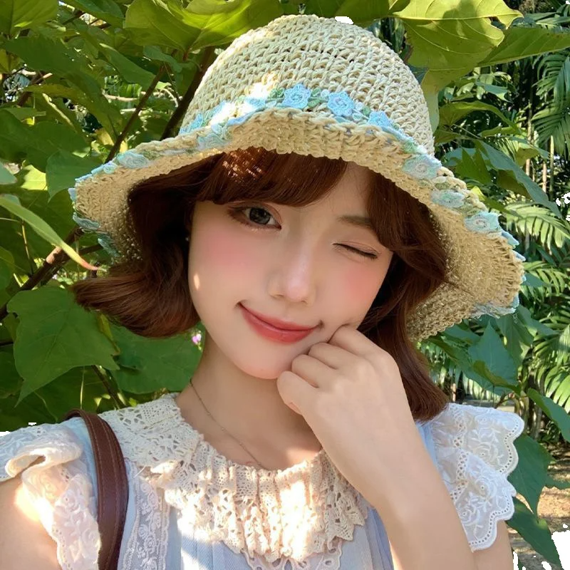 Cappello da pescatore in maglia con fiori blu, nuovo cappello da spiaggia in paglia larga, primavera 2025_voghion.com