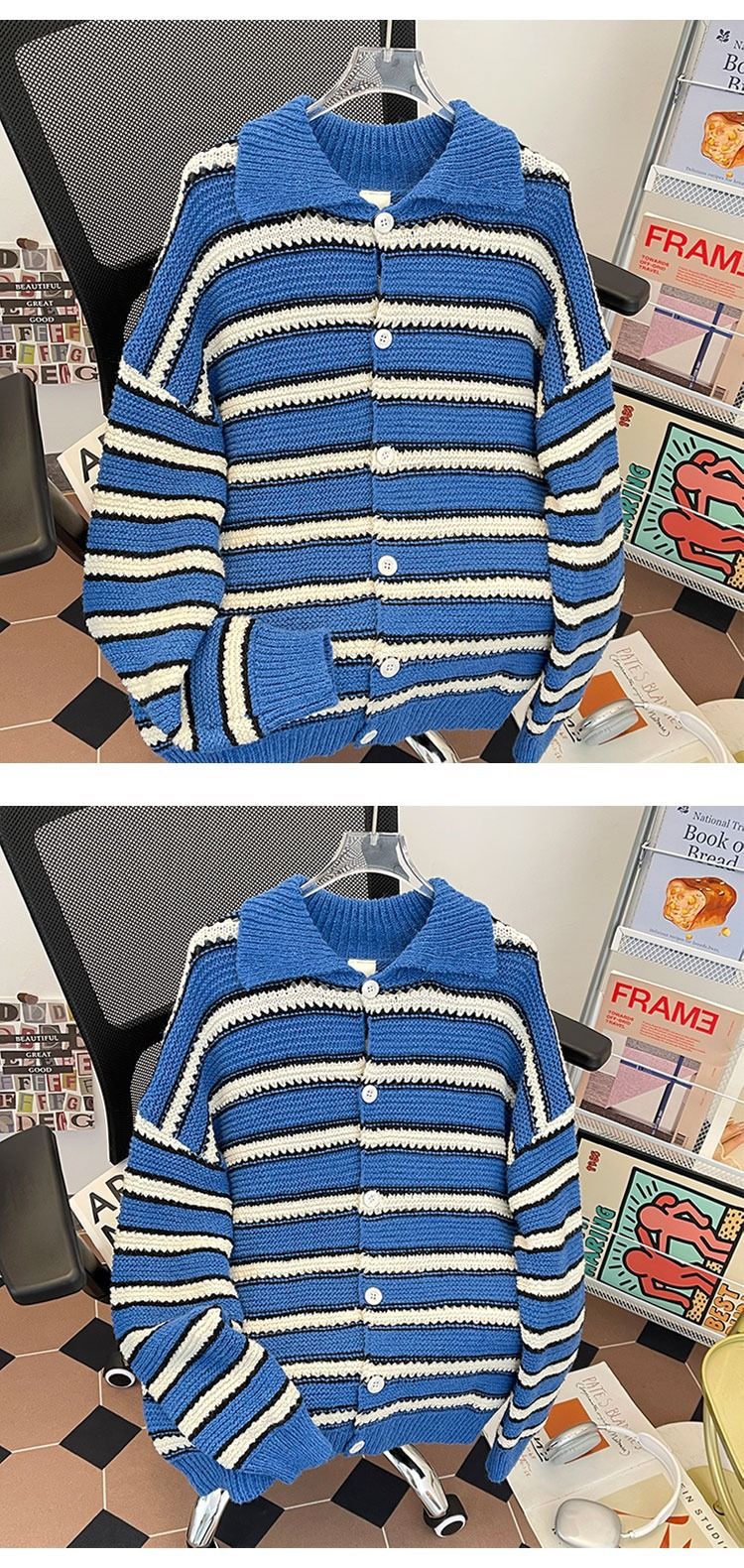 Herrenbekleidung Gestreifte Strickjacke für Herren – Leichter Pullover mit offener Vorderseite und Reverskragen, lässiger, locker sitzender Langarmmantel für den Herbst_voghion.com
