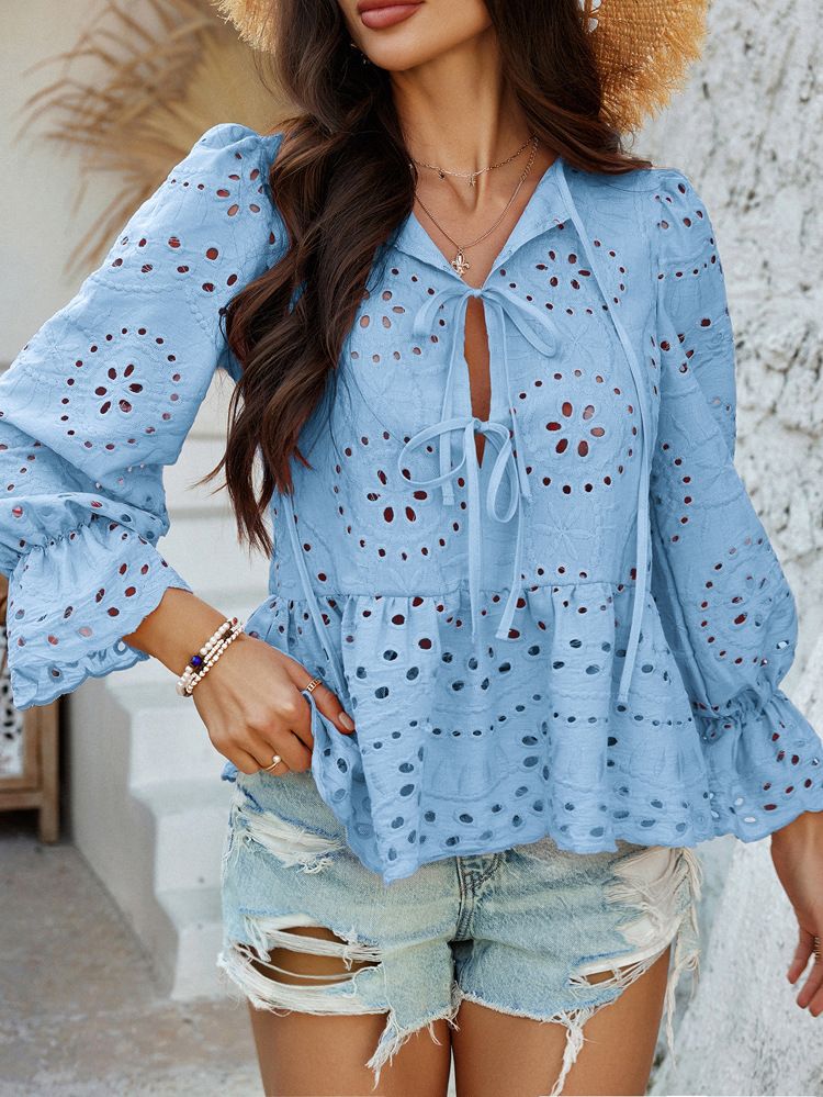 Ropa de mujer Primavera y verano Ocio Vacaciones Suelto Encaje Cárdigan Color Sólido Top Hueco Camisa de Mujer_voghion.com