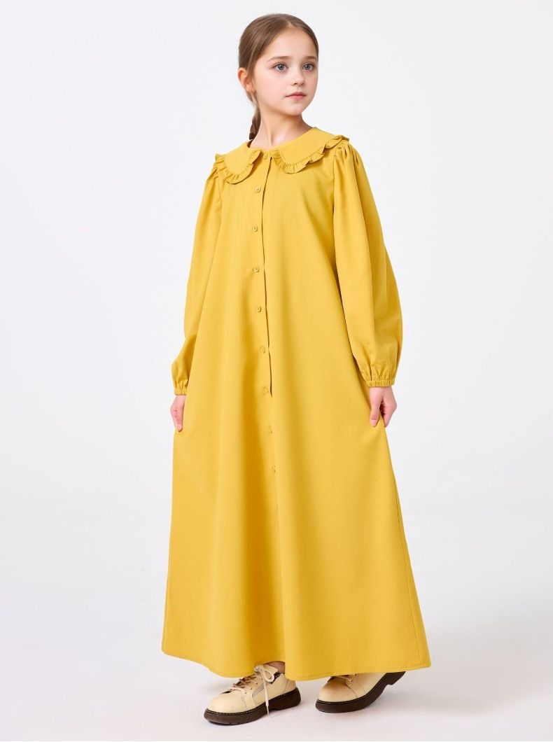 Moeder & Kinderen Midden-Oosterse Meisjes Abaya Effen Kleur Pop Kraag Knoop Jurk Losse Lange Rok Jas Robe_voghion.com