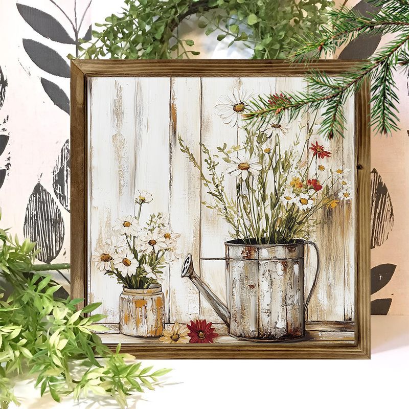 "8x8'' Rustic Wooden Sign - Spring Jasmine & Watering Cans Farmhouse Art, Lightweight Polished Frame, Perfect For Living Room Or Cafe. Ideal Gift!_voghion.com