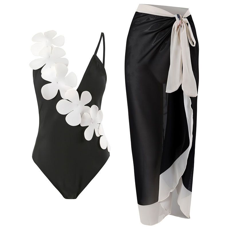 Traje de baño de una pieza Traje de baño con tirantes de flores tridimensionales de secado rápido_voghion.com
