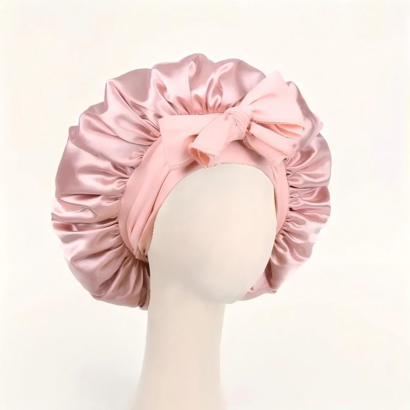 Cross-Border European And American Trend Solid Color Tie Sleep Elastic Wide-Brim Satin Bow Round Hat Hair Protection_voghion.com