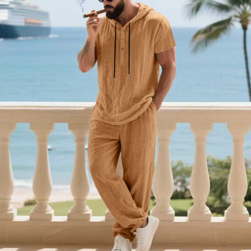 Pantaloni da uomo in lino casual, larghi, semplici, con cappuccio, a maniche corte, stile americano, stile transfrontaliero europeo e americano._voghion.com