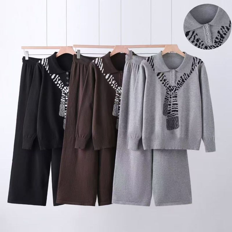 Completo 2 pezzi stampato alla moda: pantaloni larghi e fluidi e top a maniche lunghe attillato per donna_voghion.com