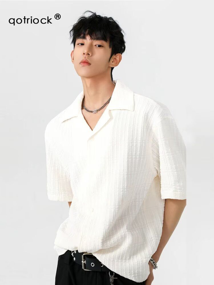 ForMen Summer Thin Niche Textured Cuban Collar Short Men's Ice Silk Solid Color Shirt Korean Version Ins Trend Five-Quarter_voghion.com