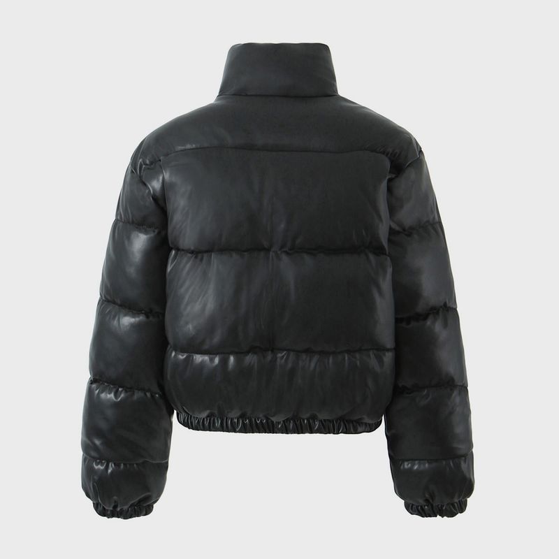 Women's PU Leather Puffer Jacket - Short Stand Collar Winter Coat, Quilted Bomber With Warm Thinsulate, Streetwear Outerwear_voghion.com